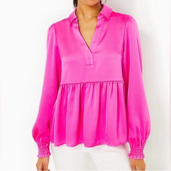 Lilly Pulitzer Tops - Lilly Pulitzer Top Hot Pink Sateen Jaylene Long Sleeve Peplum Hem Blouse XL